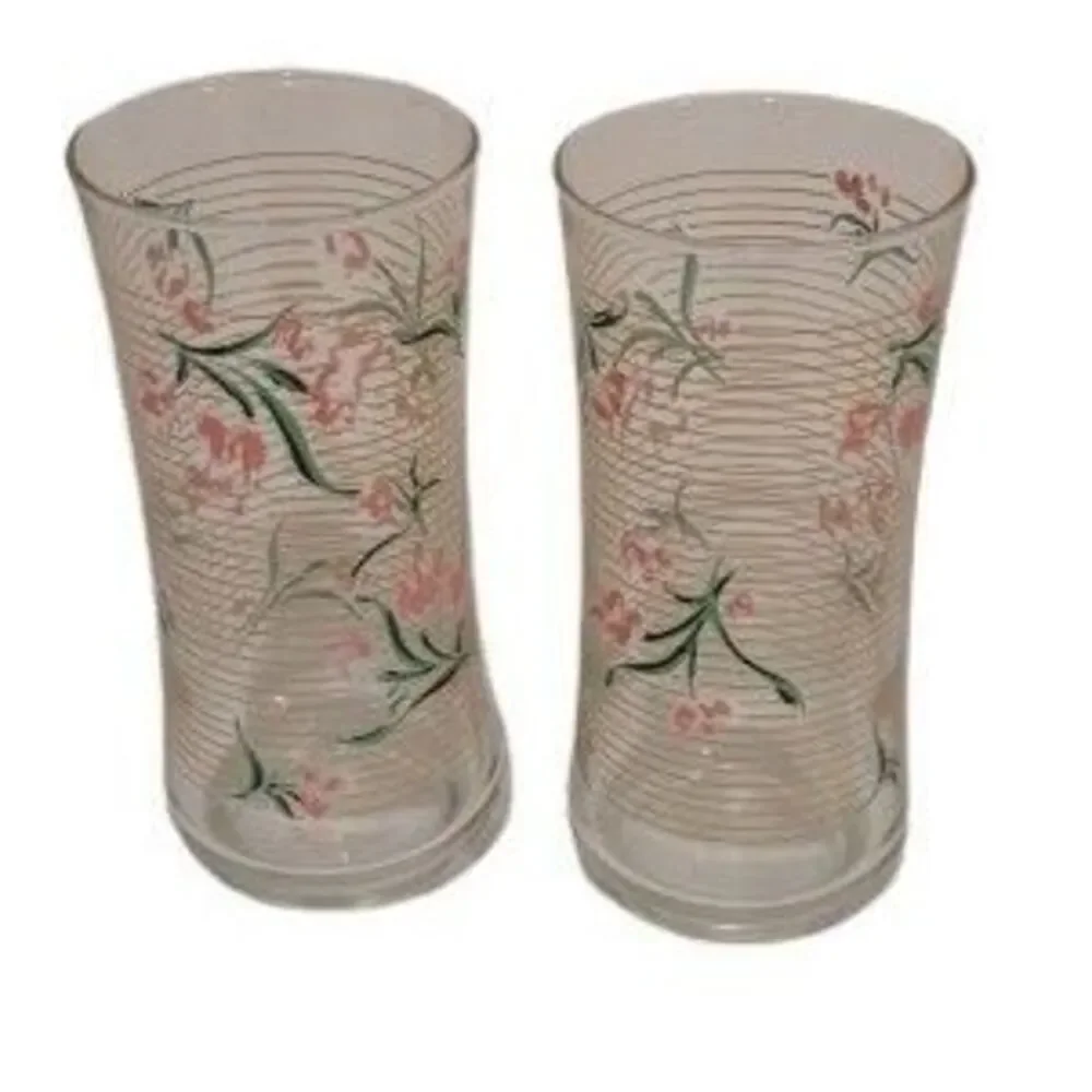 Libbey Vintage Pink & Green Striped Highball Glasses 6” Floral
